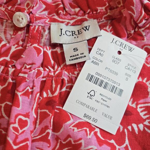 J.CREW Red Floral Linen-Blend Ruffled Neck Top Size Small - Picture 3 of 4